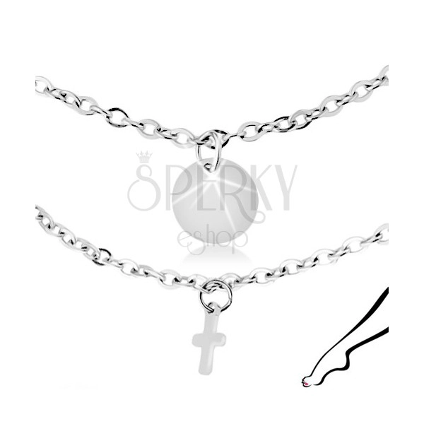 Ocelový řetízek na kotník, stříbrná barva, přívěsky - ploché kruhy a kříže