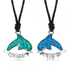 Dva šňůrkové náhrdelníky, zelený a modrý delfín, glazura, BEST FRIEND