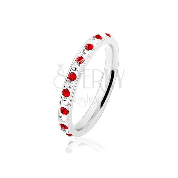 Ocelový prsten stříbrné barvy, čiré a červené zirkonky, bílá glazura