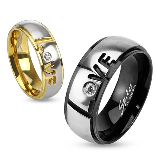 Prsten z oceli 316L, černá a stříbrná barva, nápis Love, čirý zirkon, 8 mm - Velikost: 59