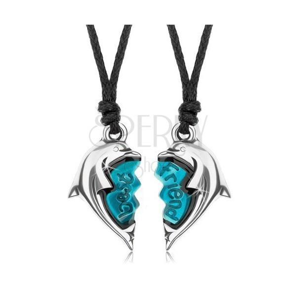 Dva náhrdelníky, rozdělené srdce s lesklými delfíny, nápis - best friend