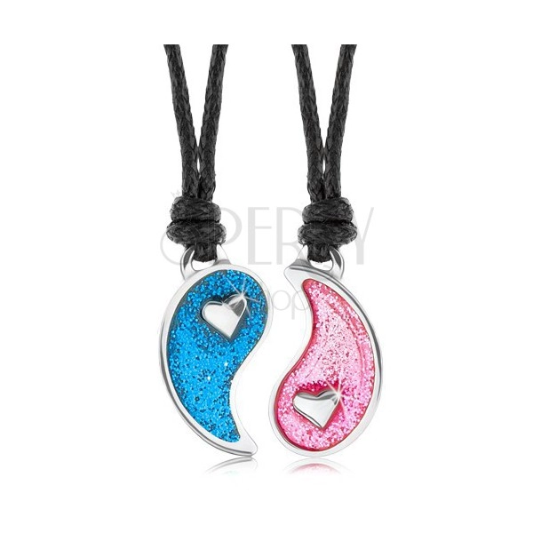 Šňůrkové náhrdelníky, rozdělený symbol Jin a Jang, modrá a růžová glazura