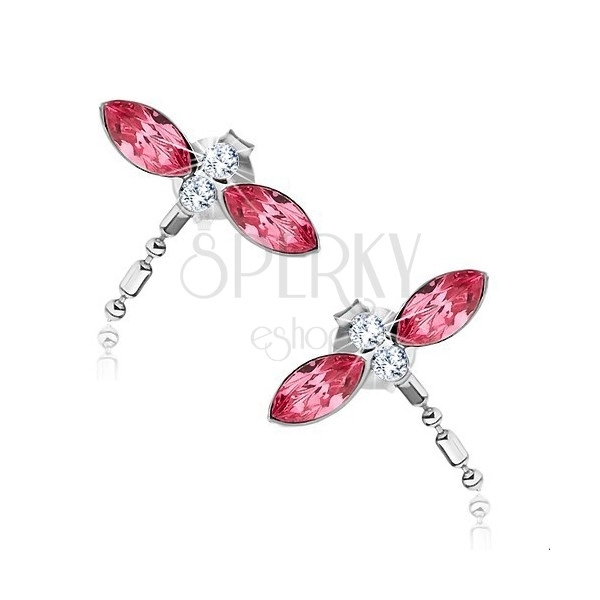 Stříbrné náušnice 925, vážky, růžová křídla z krystalů Swarovski, visící ocas