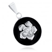 Přívěsek z oceli 316L, matný černý kruh, lesklá růže stříbrné barvy