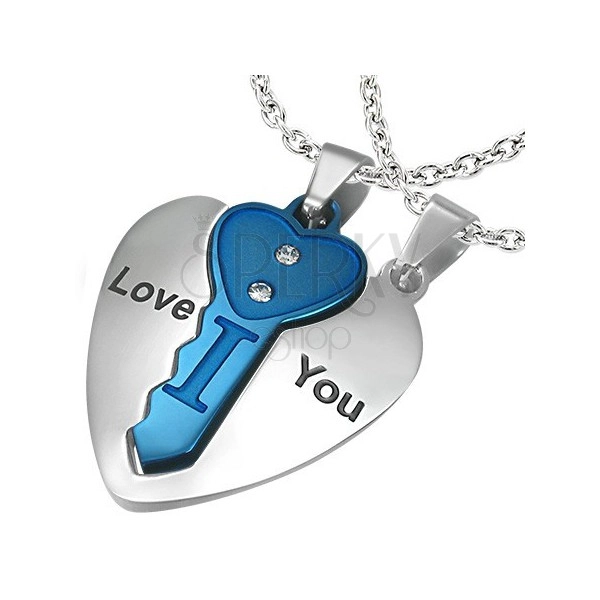 Ocelový dvojpřívěsek, srdce stříbrné barvy s modrým klíčkem, nápis, zirkony