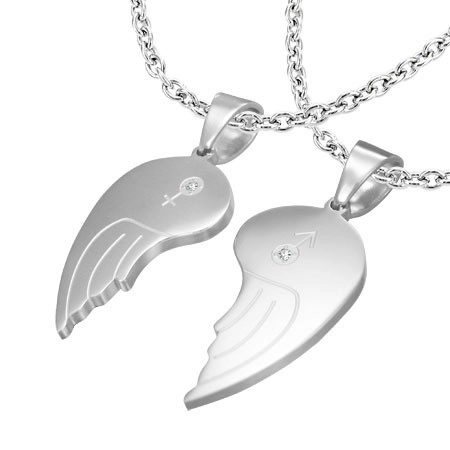 Levně Dvojpřívěsek z oceli 316L, andělská křídla, symboly ONA a ON, čiré zirkony