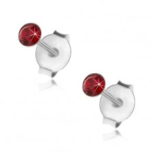 Stříbrné 925 náušnice, kulatý tmavě červený krystalek Swarovski, 3 mm