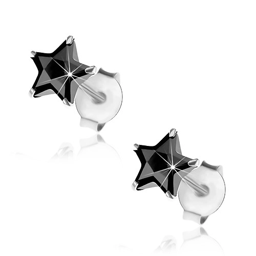 Levně Náušnice ze 925 stříbra, puzetky, broušená hvězdička z černého zirkonu, 6 mm