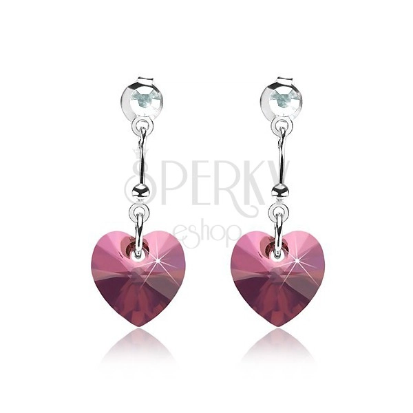 Náušnice, stříbro 925, srdce - krystal Swarovski fialové barvy, kulatý krystalek
