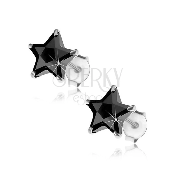 Puzetové stříbrné náušnice 925, černá zirkonová hvězdička, 8 mm
