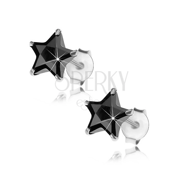 Puzetové stříbrné náušnice 925, černá zirkonová hvězdička, 7 mm