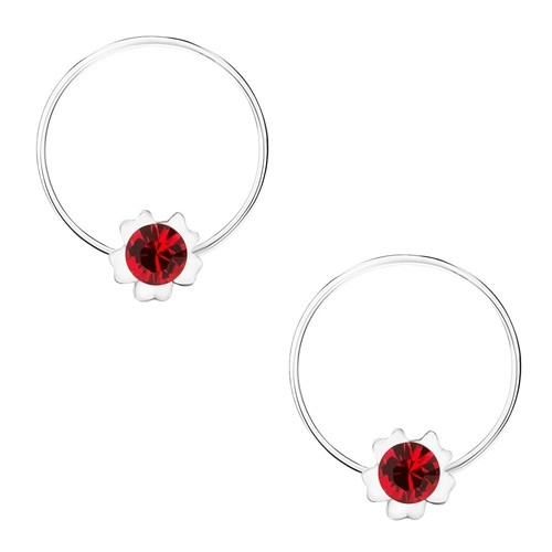 Levně Kruhové náušnice, stříbro 925, červený kvítek, krystalek Swarovski