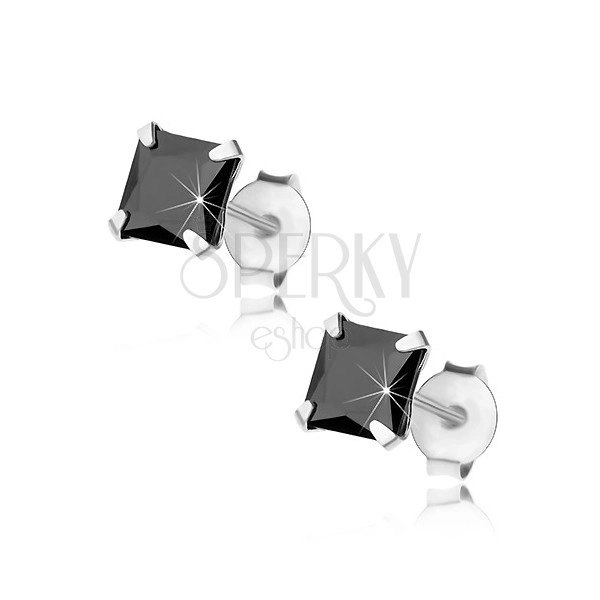 Puzetové náušnice, stříbro 925, zirkonový čtverec černé barvy, 5 mm