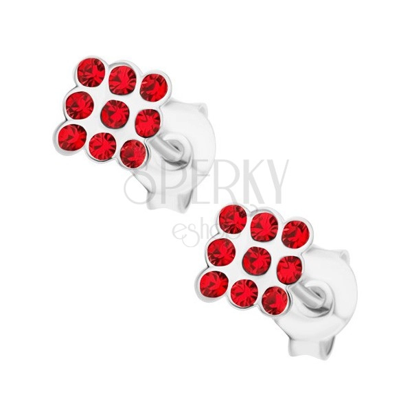 Puzetové náušnice, stříbro 925, čtvereček z červených krystalů Swarovski