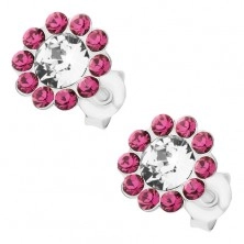 Stříbrné náušnice 925, blýskavý květ z čirých a růžových krystalů Preciosa