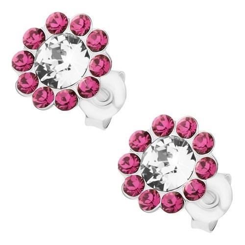Levně Stříbrné náušnice 925, blýskavý květ z čirých a růžových krystalů Preciosa