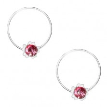 Kruhové náušnice ze stříbra 925, růžový kvítek, kulatý krystal Swarovski