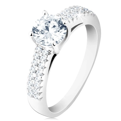 Stříbrný prsten 925 - zásnubní, čirý kulatý zirkon, zdobená ramena - Velikost: 56