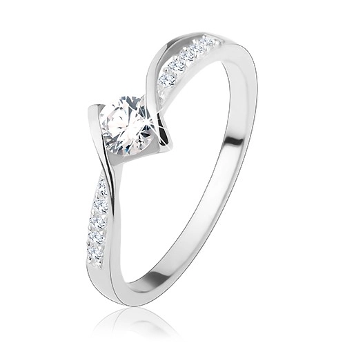 Zásnubní prsten, stříbro 925, lesklé zaoblené linie, kulatý čirý zirkon uprostřed - Velikost: 50