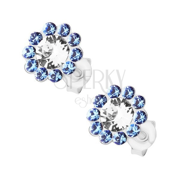 Stříbrné náušnice 925, blýskavý květ, čiré a modré krystaly Preciosa