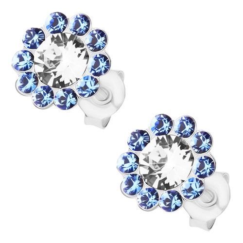 Levně Stříbrné náušnice 925, blýskavý květ, čiré a modré krystaly Preciosa