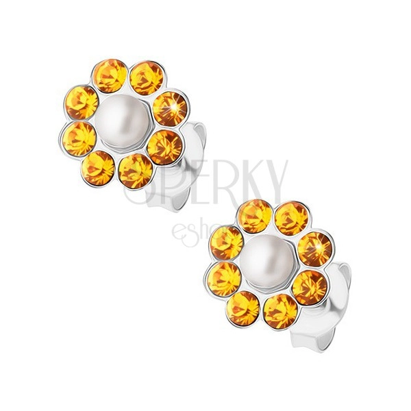Stříbrné náušnice 925, oranžový kvítek s bílou perlovou kuličkou uprostřed, puzetky