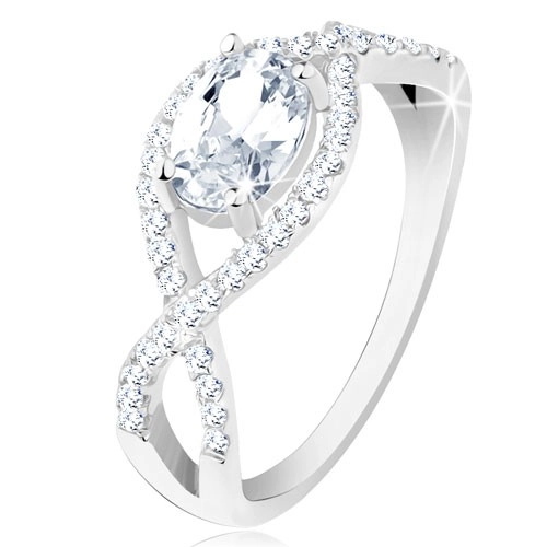 Stříbrný prsten 925, propletené zirkonové linie, oválný broušený zirkon - Velikost: 48