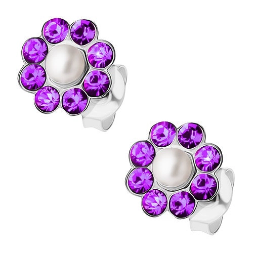 Stříbrné náušnice 925, perlička, fialové krystalky Preciosa - kvítek