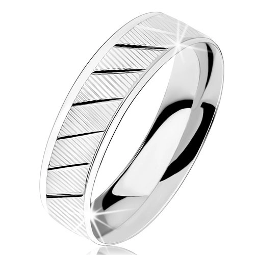 Prsten ze stříbra 925, vroubkovaný povrch, diagonální lesklé zářezy - Velikost: 59