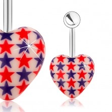 Ocelový piercing do pupíku, kulička, bílé srdce, červené a modré hvězdy