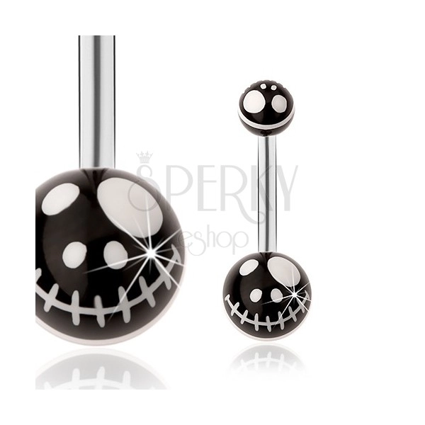 Ocelový piercing do pupíku, černé kuličky - motiv kreslené lebky z pohádky