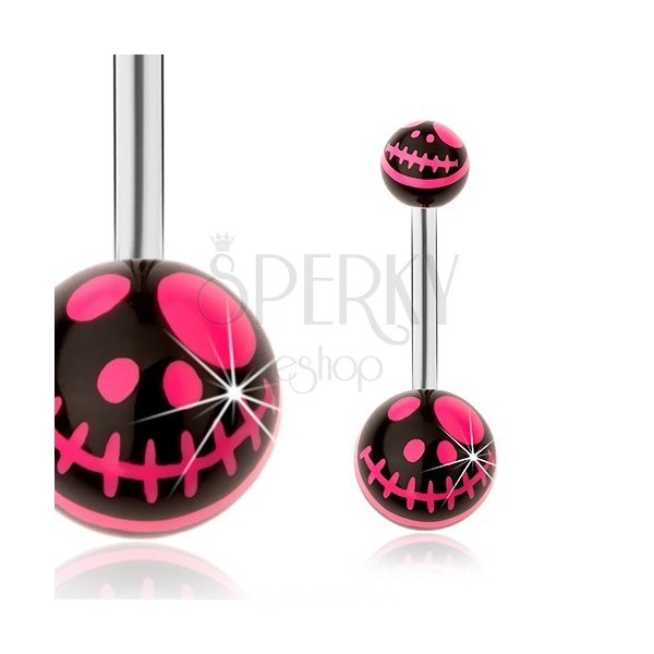 Piercing do pupíku, ocel 316L, černá a neonově růžová barva, kreslená lebka