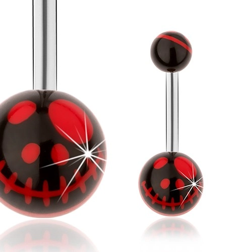 Ocelový piercing do pupíku, černé kuličky, motiv lebky z animovaného filmu