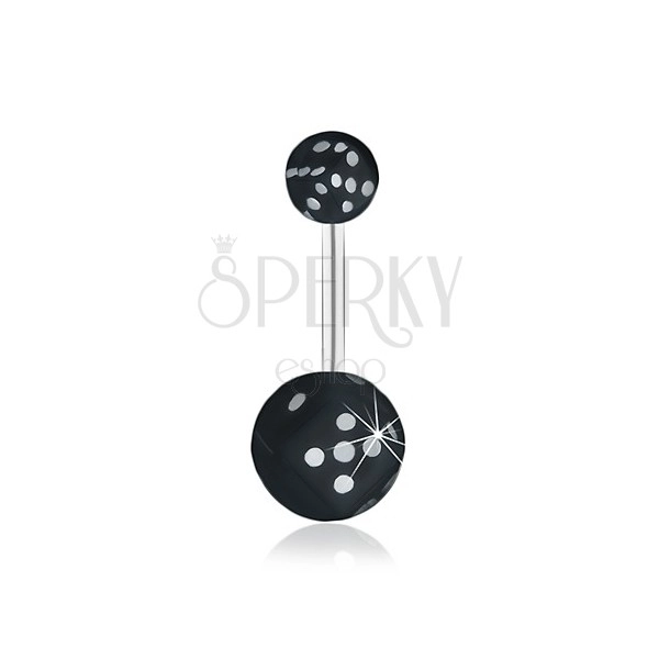Ocelový piercing do pupíku, černá hrací kostka v čiré kuličce, glazura