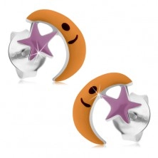 Stříbrné 925 náušnice, měsíček s hvězdou, fialová a oranžová glazura