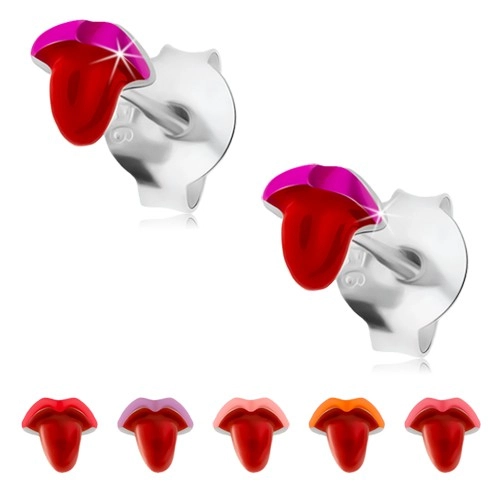 Stříbrné náušnice 925, glazovaná ústa s vyplazeným jazykem, puzetky - Barva: Červená