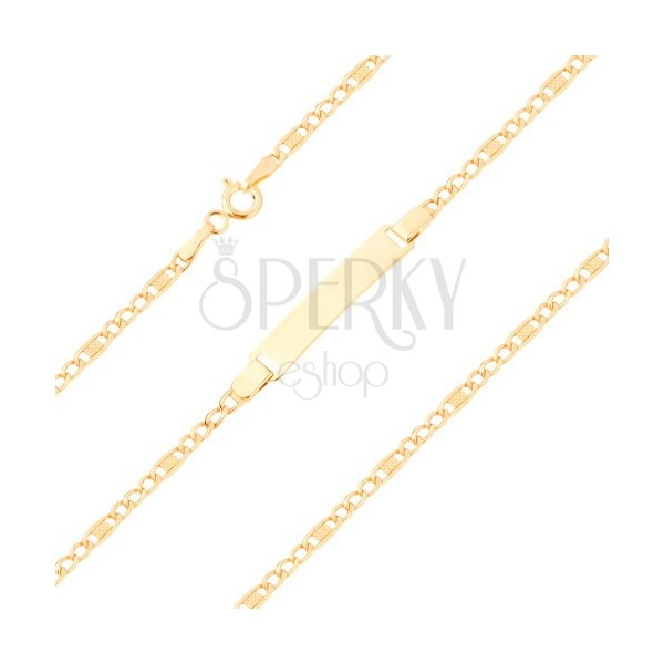 Náramek ze žlutého 9K zlata - tři očka a článek s mřížkou, 180 mm