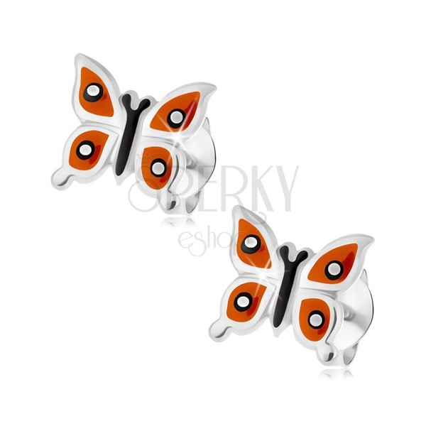 Stříbrné náušnice 925, lesklý motýlek - oranžová křídla, černé a bílé tečky