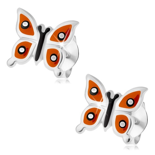 Stříbrné náušnice 925, lesklý motýlek - oranžová křídla, černé a bílé tečky