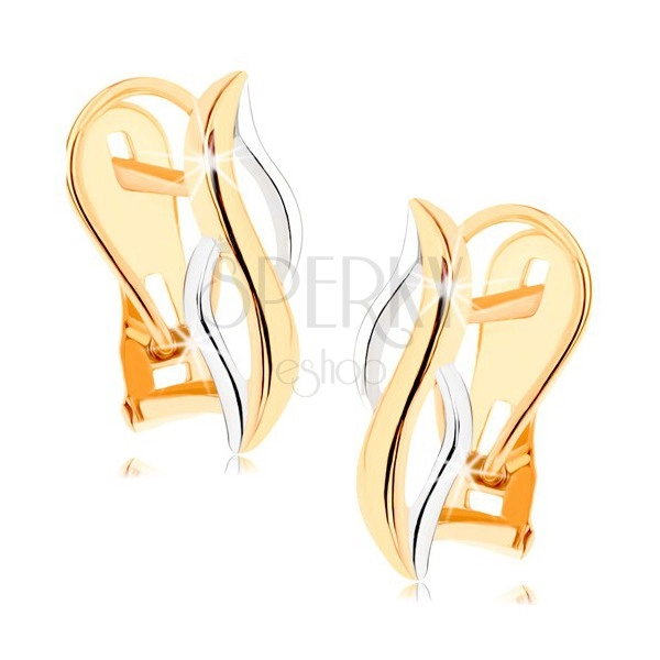 Zlaté náušnice 375 - lesklé svislé vlnky ze žlutého a bílého zlata