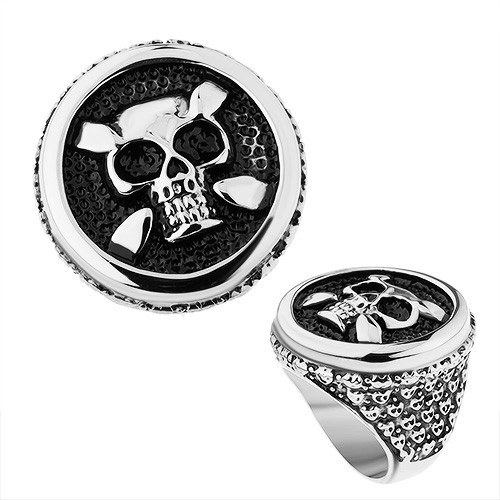 Ocelový prsten ve stříbrném odstínu, kruh, patinovaná lebka, srdce, tečky - Velikost: 67