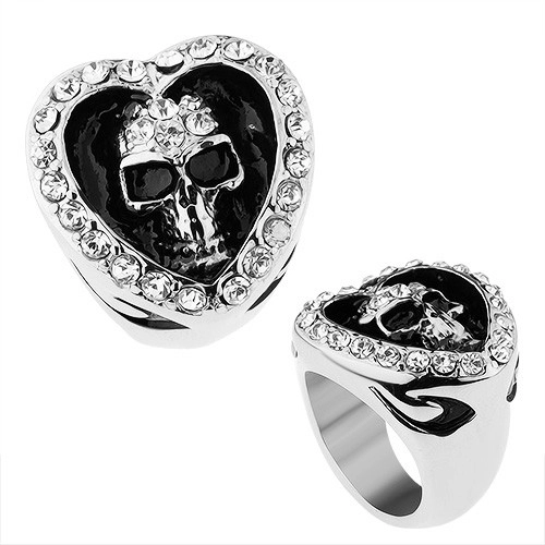 Prsten z chirurgické oceli, srdce zdobené čirými zirkony, patinovaná lebka - Velikost: 61