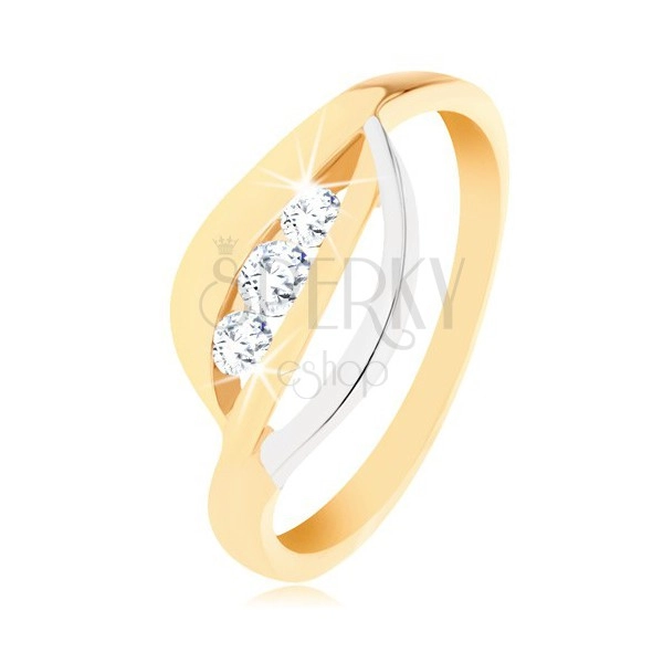 Zlatý prsten 375 - dvoubarevné zvlněné linie, tři kulaté zirkony čiré barvy