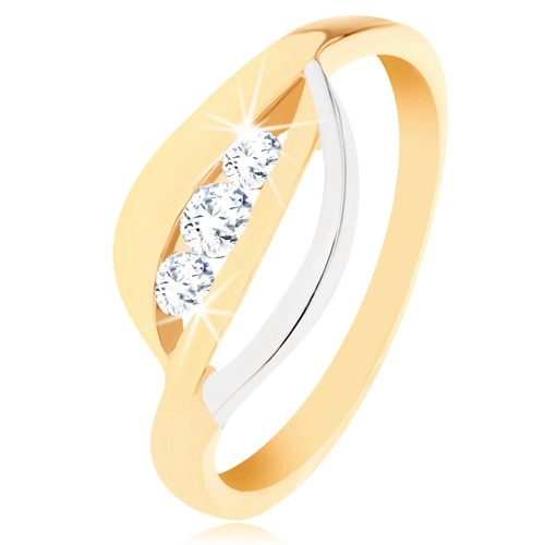 Zlatý prsten 375 - dvoubarevné zvlněné linie, tři kulaté zirkony čiré barvy - Velikost: 60
