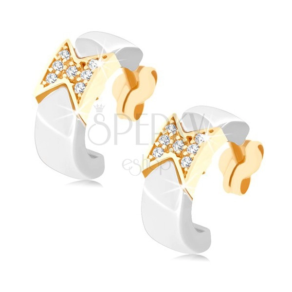 Zlaté náušnice 375 - keramické půlkruhy bílé barvy, třpytivá mašlička