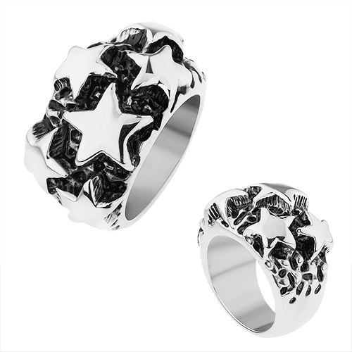 Ocelový prsten, lesklé vypouklé hvězdy ve stříbrném odstínu, černá patina - Velikost: 70