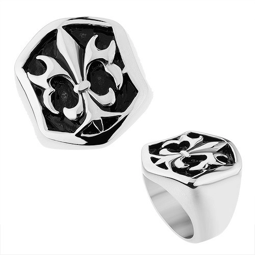 Ocelový prsten stříbrné barvy, šestihranná ozdoba s patinou a Fleur de Lis - Velikost: 57
