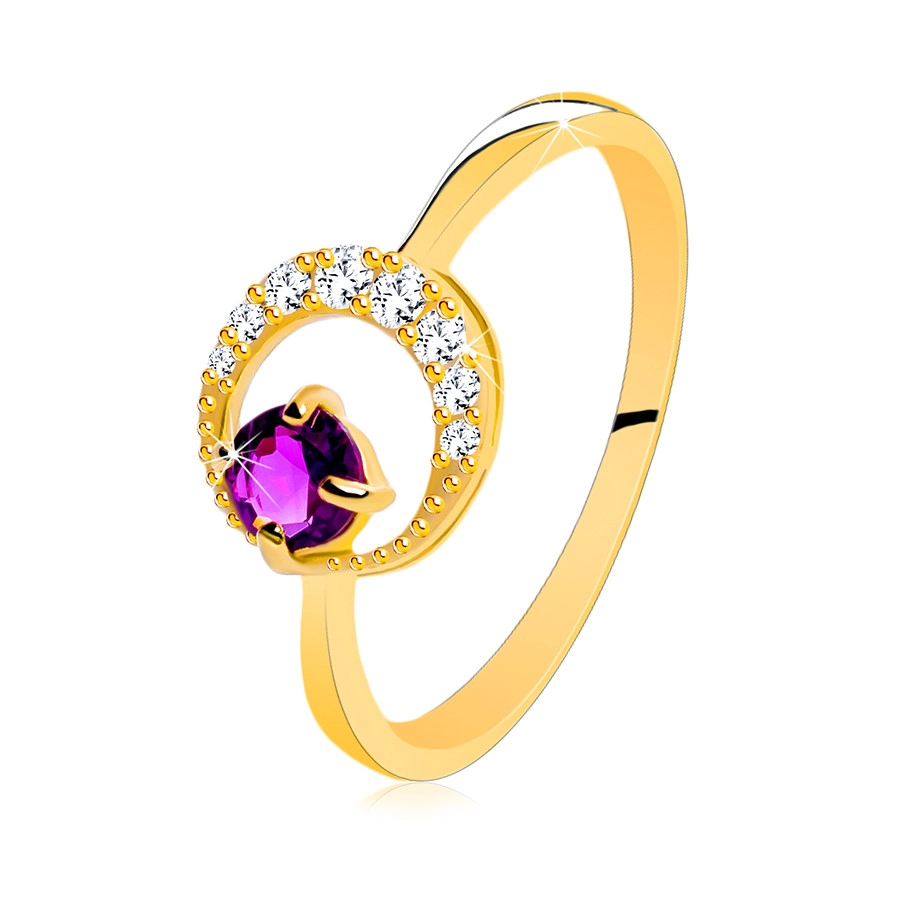 Zlatý prsten 585 - tenký zirkonový půlměsíc, ametyst ve fialovém odstínu - Velikost: 52