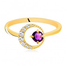 Zlatý prsten 585 - tenký zirkonový půlměsíc, ametyst ve fialovém odstínu