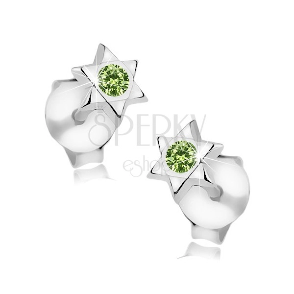 Stříbrné 925 náušnice, Davidova hvězda, kulatý zelený krystal Swarovski